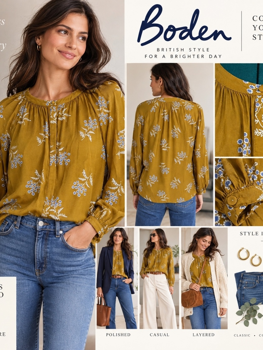 Boden US 10 Mustard Floral Viscose Blouse Long Sleeve Boho Cottagecore